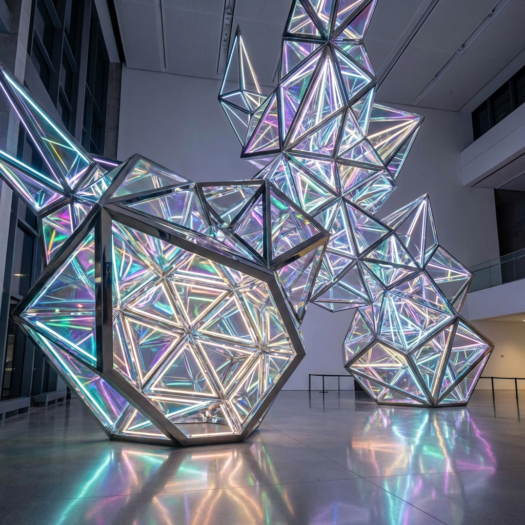 Large geometric iridescent glass sculpture illuminating a modern art gallery interior.